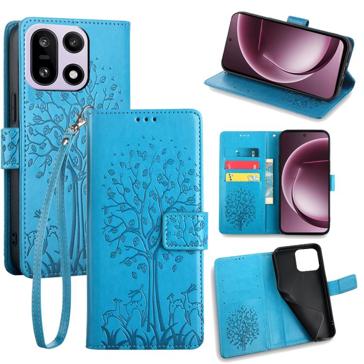 Embossed leather phone case with wrist strap and flip cover, tree pattern, vivid blue