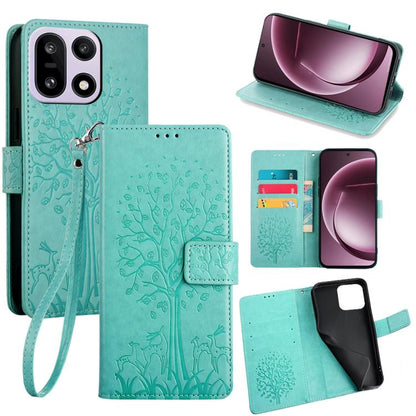 Embossed leather phone case with wrist strap and flip cover, tree pattern, mint teal