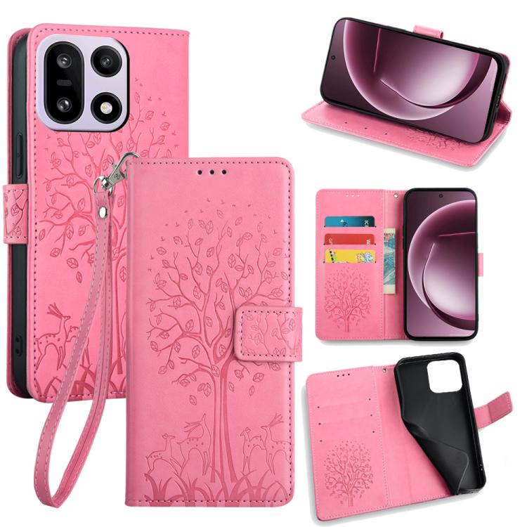 Embossed leather phone case with wrist strap and flip cover, tree pattern, hot pink