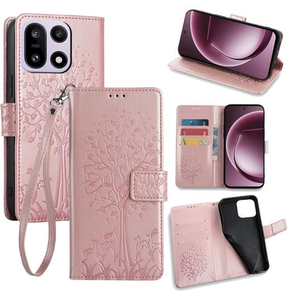 Embossed leather phone case with wrist strap and flip cover, tree pattern, dusty rose