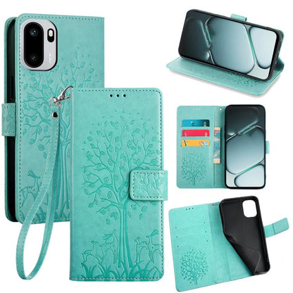 Teal embossed leather folio phone case with deer-and-tree pattern, card slots, wrist strap
