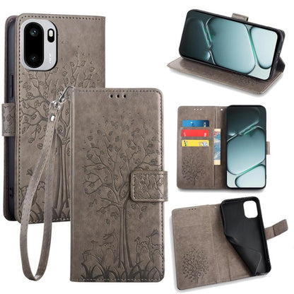 Embossed leather phone case with wrist strap and flip cover, tree pattern, dark grey
