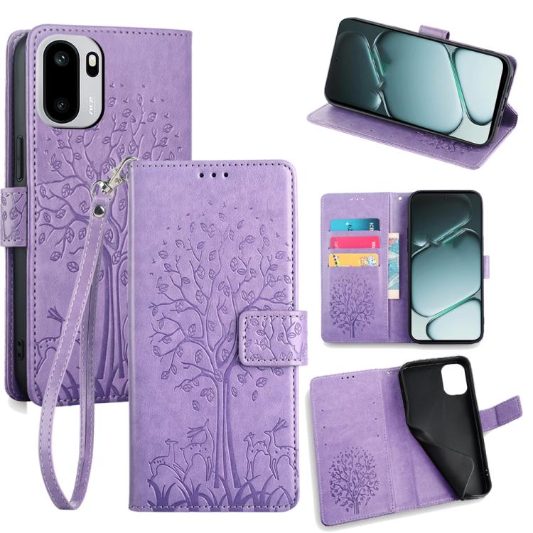 Embossed leather phone case with wrist strap and flip cover, tree pattern, lavender purple