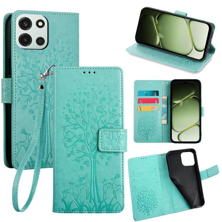 Teal embossed leather phone wallet case with deer-and-tree pattern, card slots, wrist strap