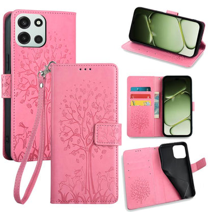 Rose embossed leather phone wallet case with deer-and-tree pattern, card slots, wrist strap