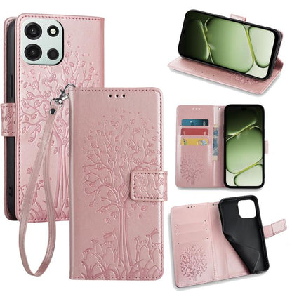 Pink embossed leather folio phone case with deer-and-tree pattern, card slots, wrist strap