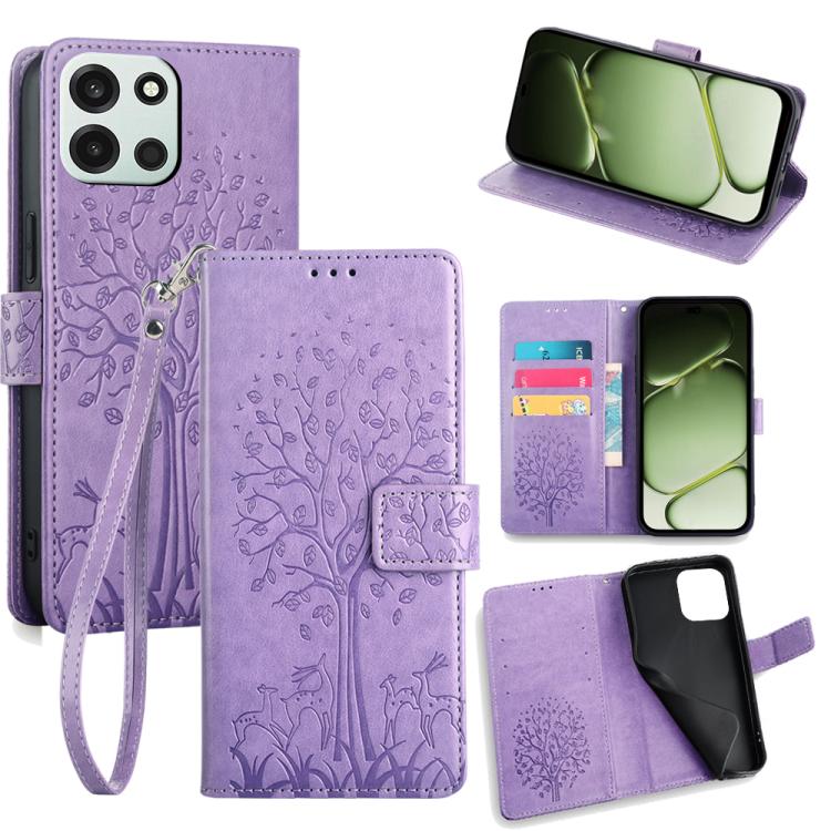 Purple embossed leather folio phone case with deer-and-tree pattern, card slots, wrist strap