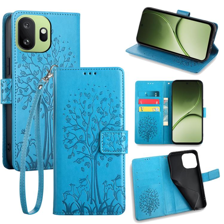 Blue embossed leather phone wallet case with tree and deer pattern, wrist strap, card slots