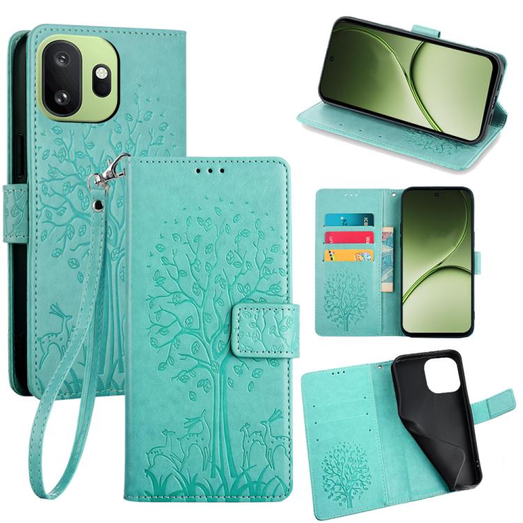 Teal embossed leather phone wallet case with tree and deer pattern, wrist strap and card slots