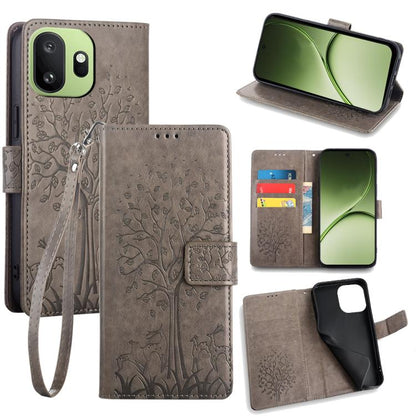 Grey embossed leather phone wallet case with tree and deer pattern, wrist strap and card slots