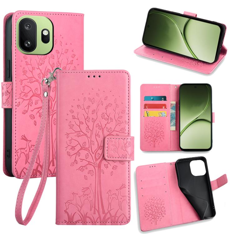 Pink embossed leather phone wallet case with tree and deer pattern, wrist strap and card slots