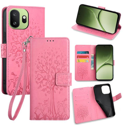 Pink embossed leather phone wallet case with tree and deer pattern, wrist strap and card slots