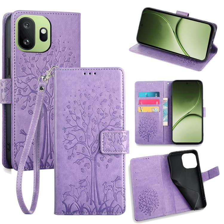 Purple embossed leather phone wallet case with deer-and-tree pattern, card slots, wrist strap