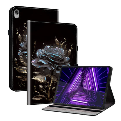 Blue rose and leaf painted leather tablet case with flip stand for tablet display