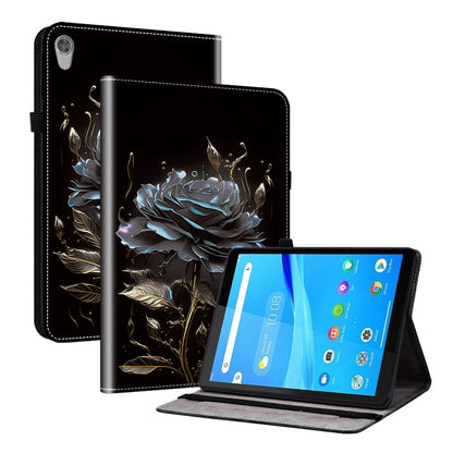Tablet case with blue-black rose and leaf pattern, folio stand
