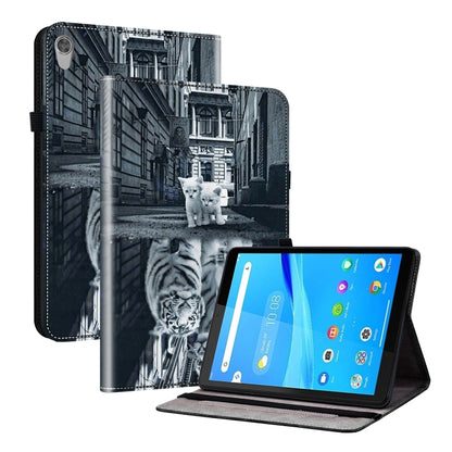 Tablet case with cat and tiger street scene print, folio stand