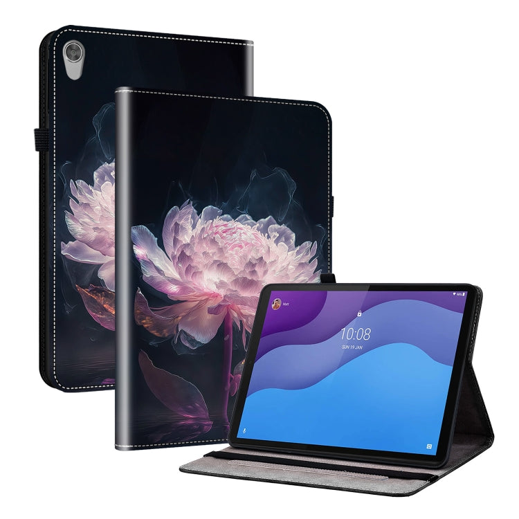 Purple peony painted leather tablet case with flower artwork and flip stand for tablet