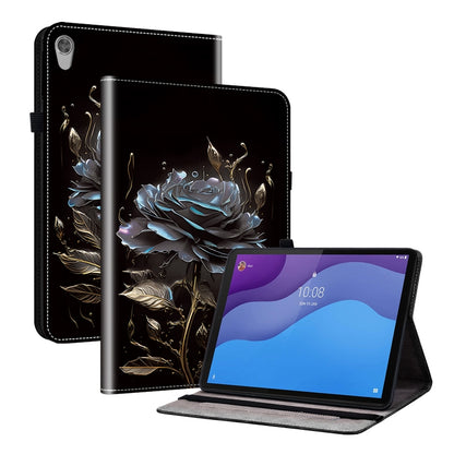 Blue rose and leaf painted leather tablet case with flip stand for tablet