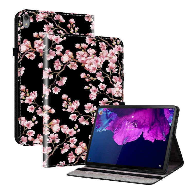 Tablet case with black leather-look cover and pink cherry blossom pattern, stand support