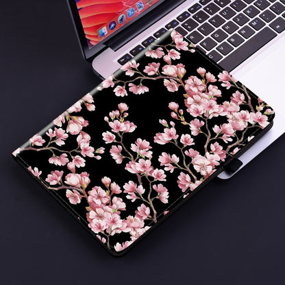 Tablet case cover with black background and pink cherry blossom print, folio front