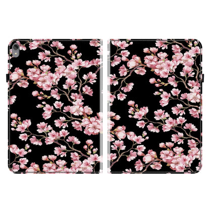 Folio tablet case with black cover and pink cherry blossom pattern, front and back views