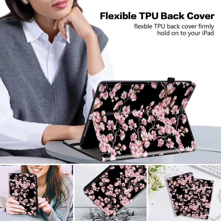 Tablet with black folio case and pink cherry blossom pattern, front stand support