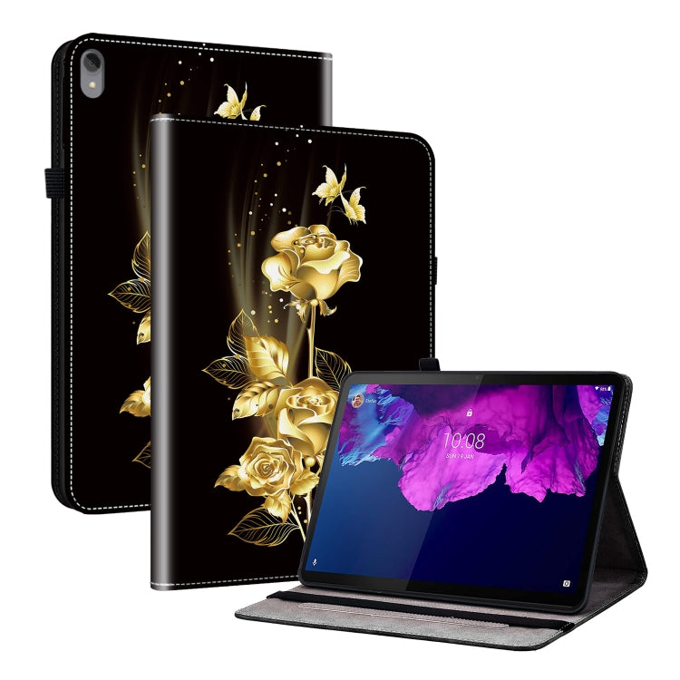 Tablet case with black leather-look cover and gold rose and butterfly design, foldable stand
