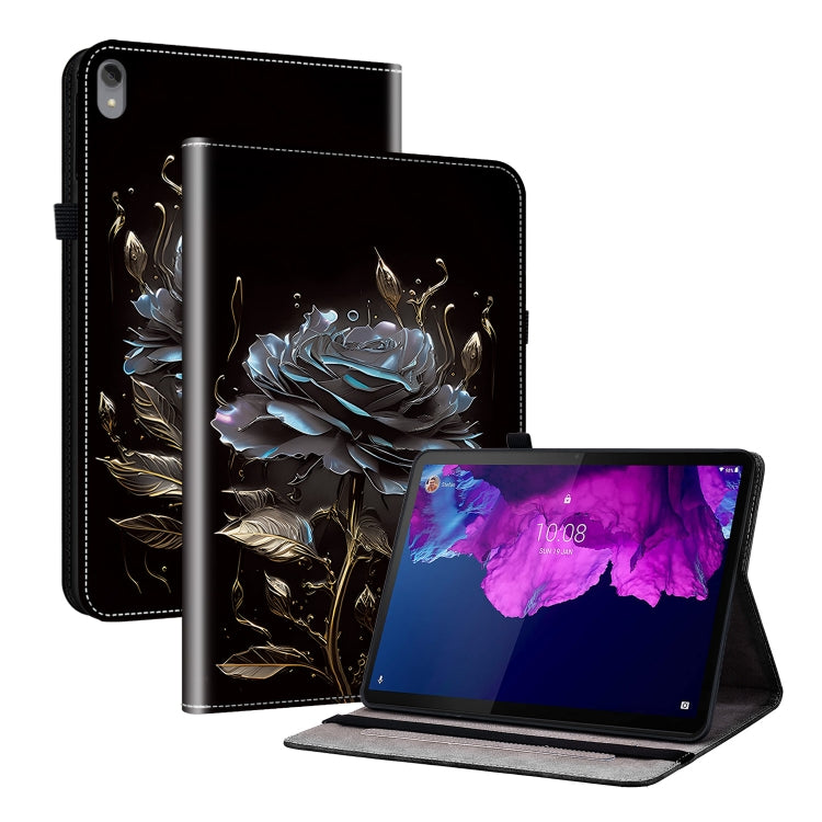 Tablet case with black cover and blue-gray rose illustration, foldable stand
