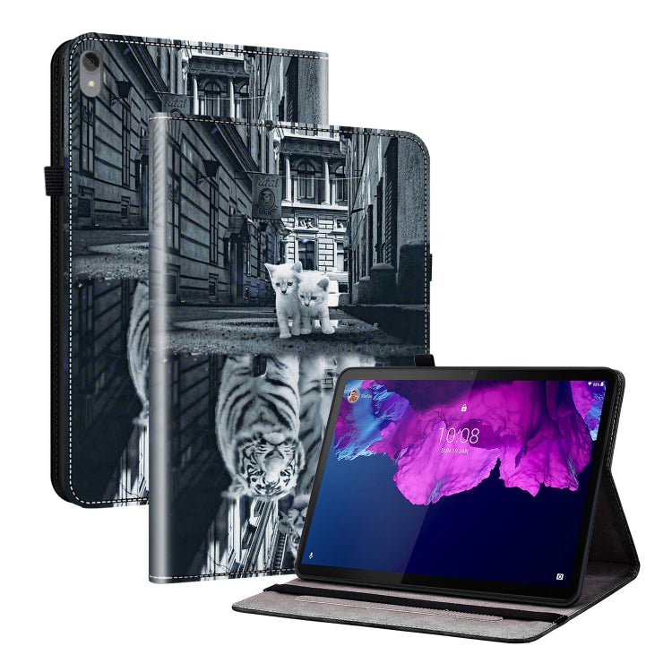 Tablet case with monochrome cat and city street print, foldable stand support