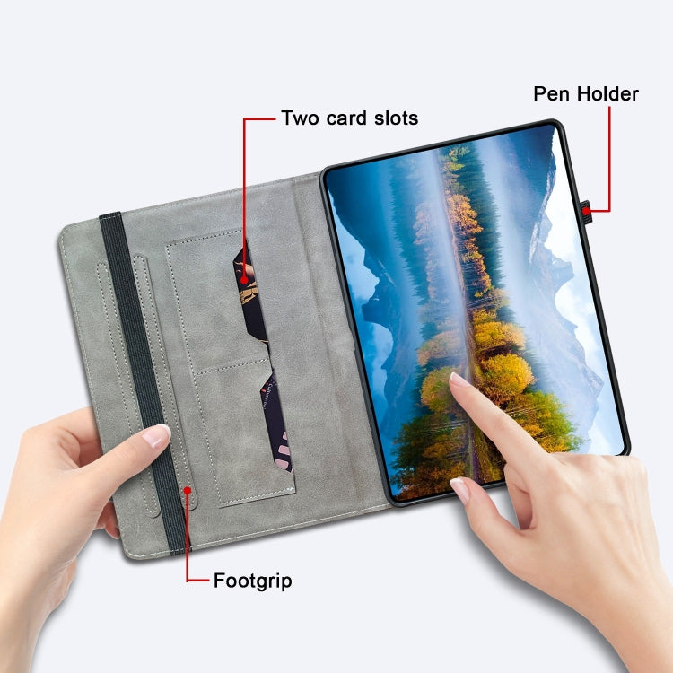 Tablet folio case with pen holder and two card slots, gray leather-like