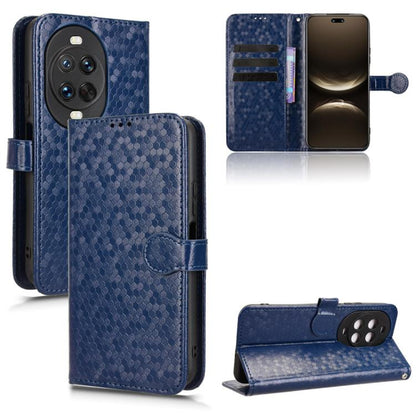 Blue leather folio phone case with honeycomb dot texture and flip cover