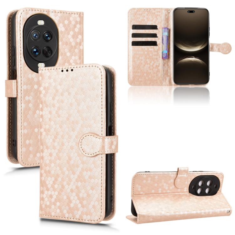 Gold leather folio phone case with honeycomb dot texture, card slots, and stand