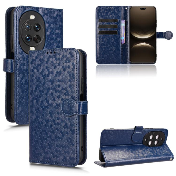 Blue leather folio phone case with honeycomb dot texture, card slots, and stand