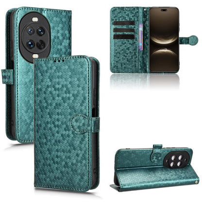 Green leather folio phone case with honeycomb dot texture, card slots, and stand