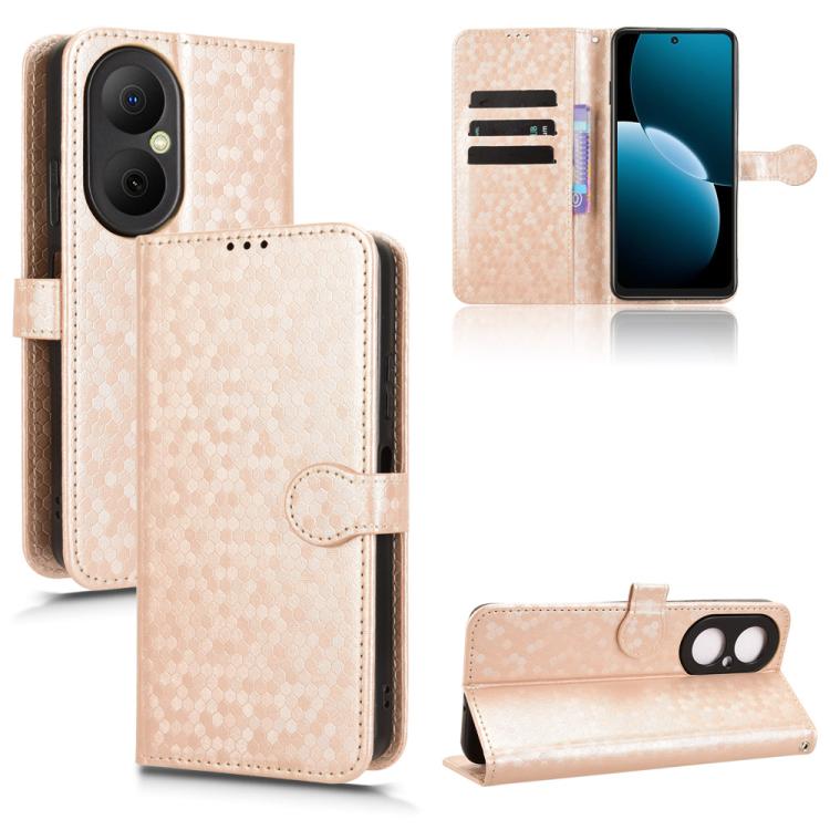 Light beige honeycomb dot texture leather wallet phone case with flip cover and card slots