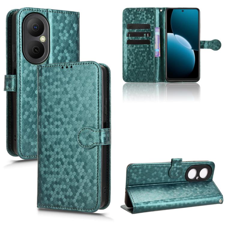 Green honeycomb dot texture leather wallet phone case with flip cover and card slots