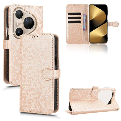 Light beige honeycomb-texture leather folio phone case with card slots and stand.