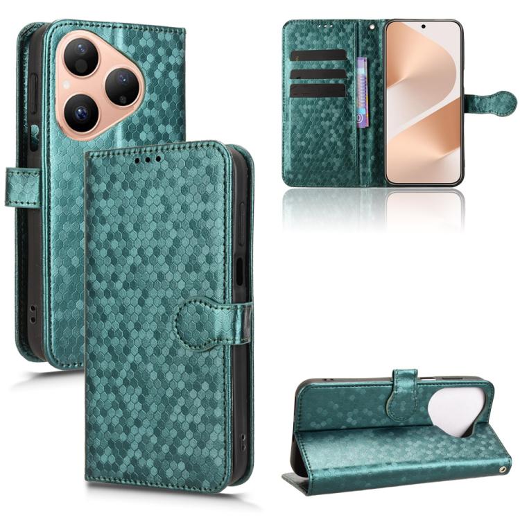 Green-teal honeycomb-texture leather folio phone case with flip cover and card slot