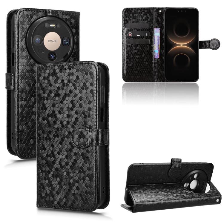 Black honeycomb-texture leather folio phone case with card slots and stand cover.
