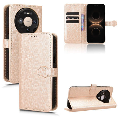 Beige honeycomb-texture leather folio phone case with card slots and kickstand.