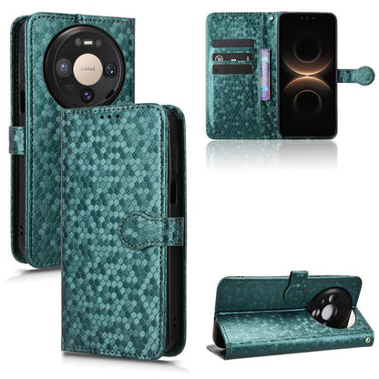 Teal honeycomb-texture leather folio phone case with card slots and stand.