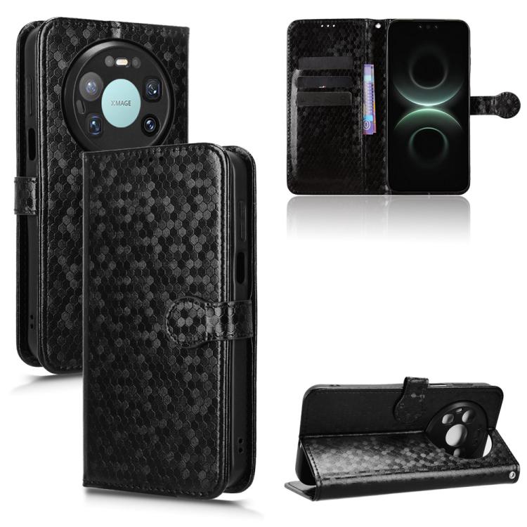 Black honeycomb-dot leather phone case, front flip cover with stand and open card pocket