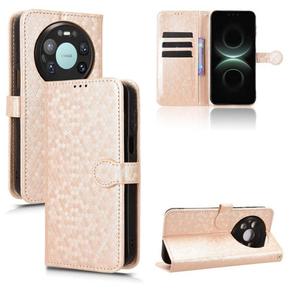 Beige/gold honeycomb-dot leather phone case, front flip cover with stand and card pocket