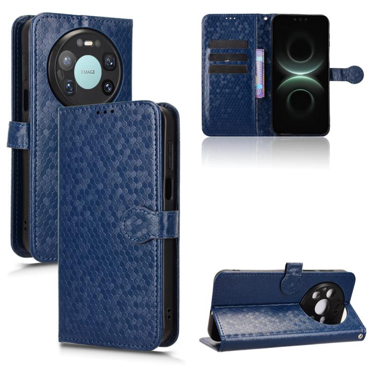 Blue honeycomb-dot leather phone case, front flip cover with stand and card pocket