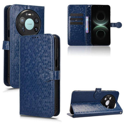 Blue honeycomb-dot leather phone case, front flip cover with stand and card pocket