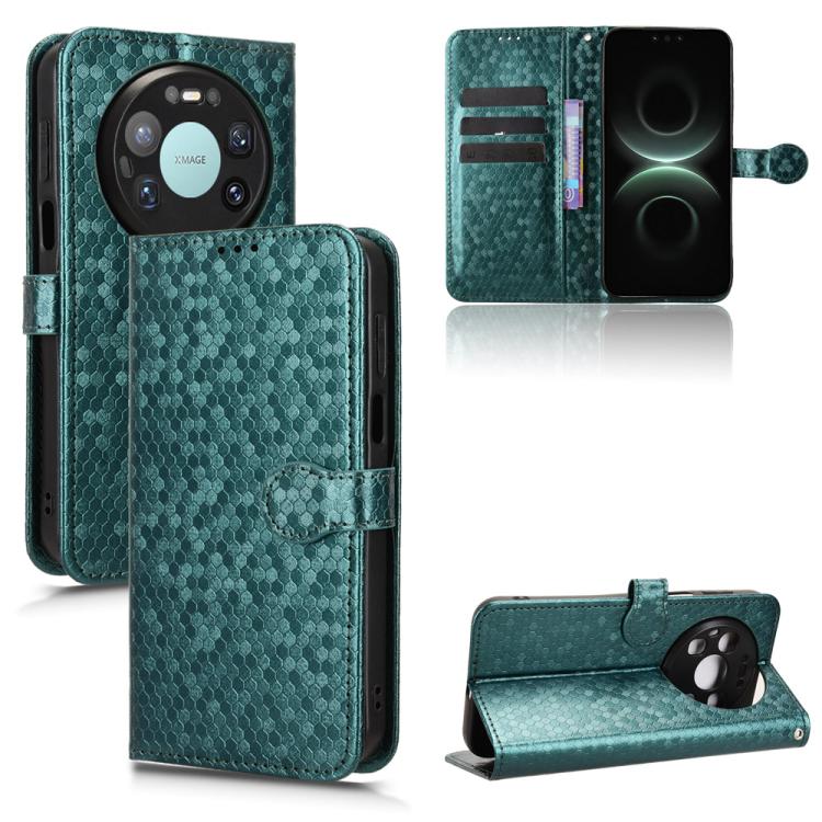 Teal green honeycomb-dot leather phone case, front flip cover with stand and card pocket
