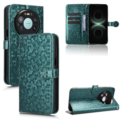 Teal green honeycomb-dot leather phone case, front flip cover with stand and card pocket