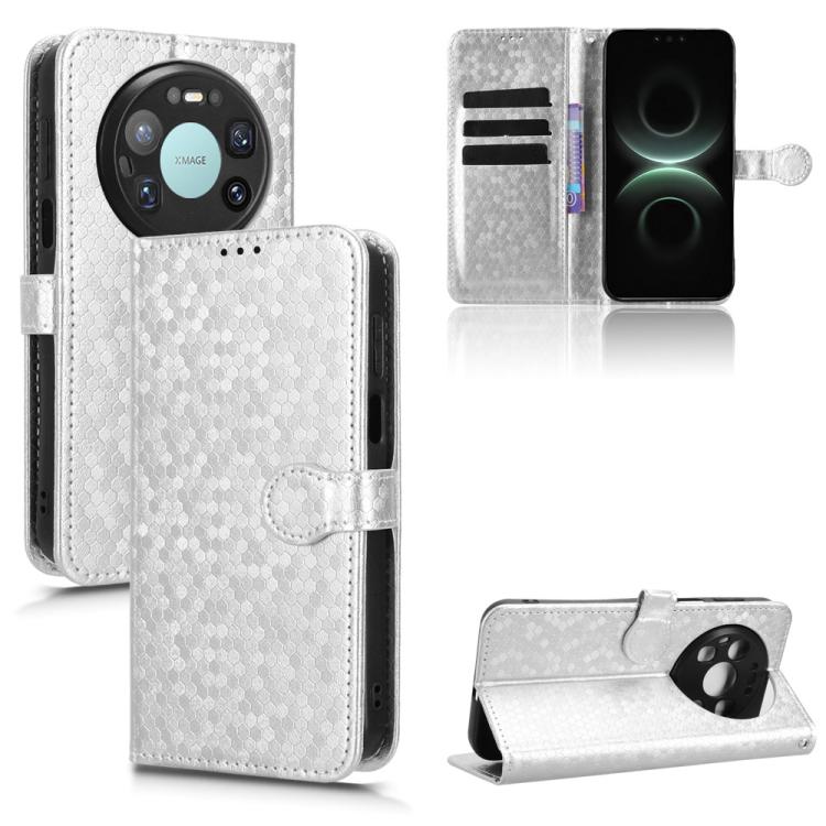 White honeycomb-dot leather phone case, front flip cover with stand and card pocket