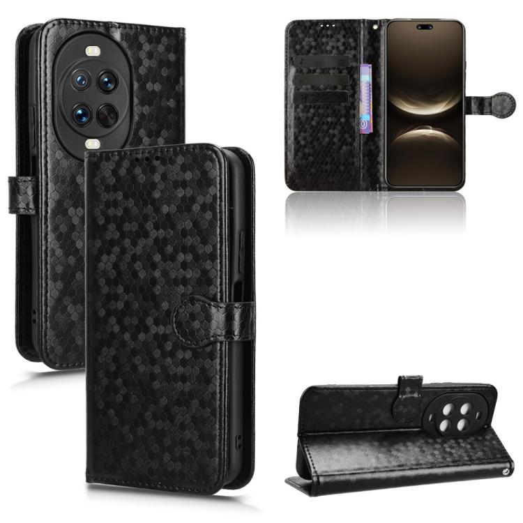 Black honeycomb-dot leather phone case with flip cover, folio stand, and card slots