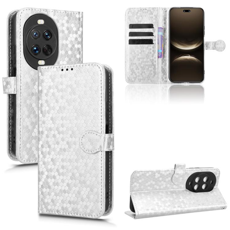 White honeycomb-dot leather phone case with flip cover, folio stand, and card slots
